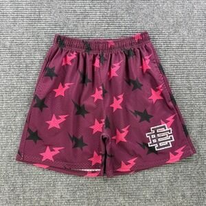 Eric Emanuel EE Basic Shorts Men Medium Burgundy Pink Black Star Bolt Print Mesh